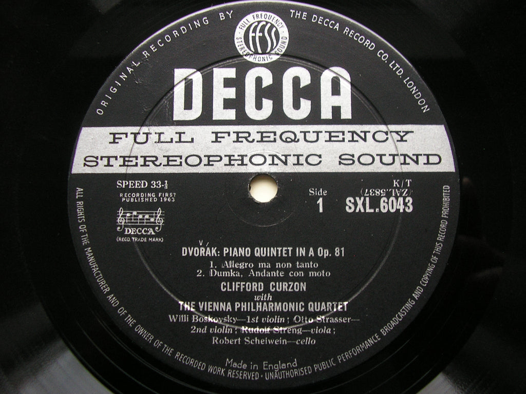 SXL 6043 DVORAK: PIANO QUINTET Op. 81 CURZON / VIENNA PHILHARMONIC QUARTET
