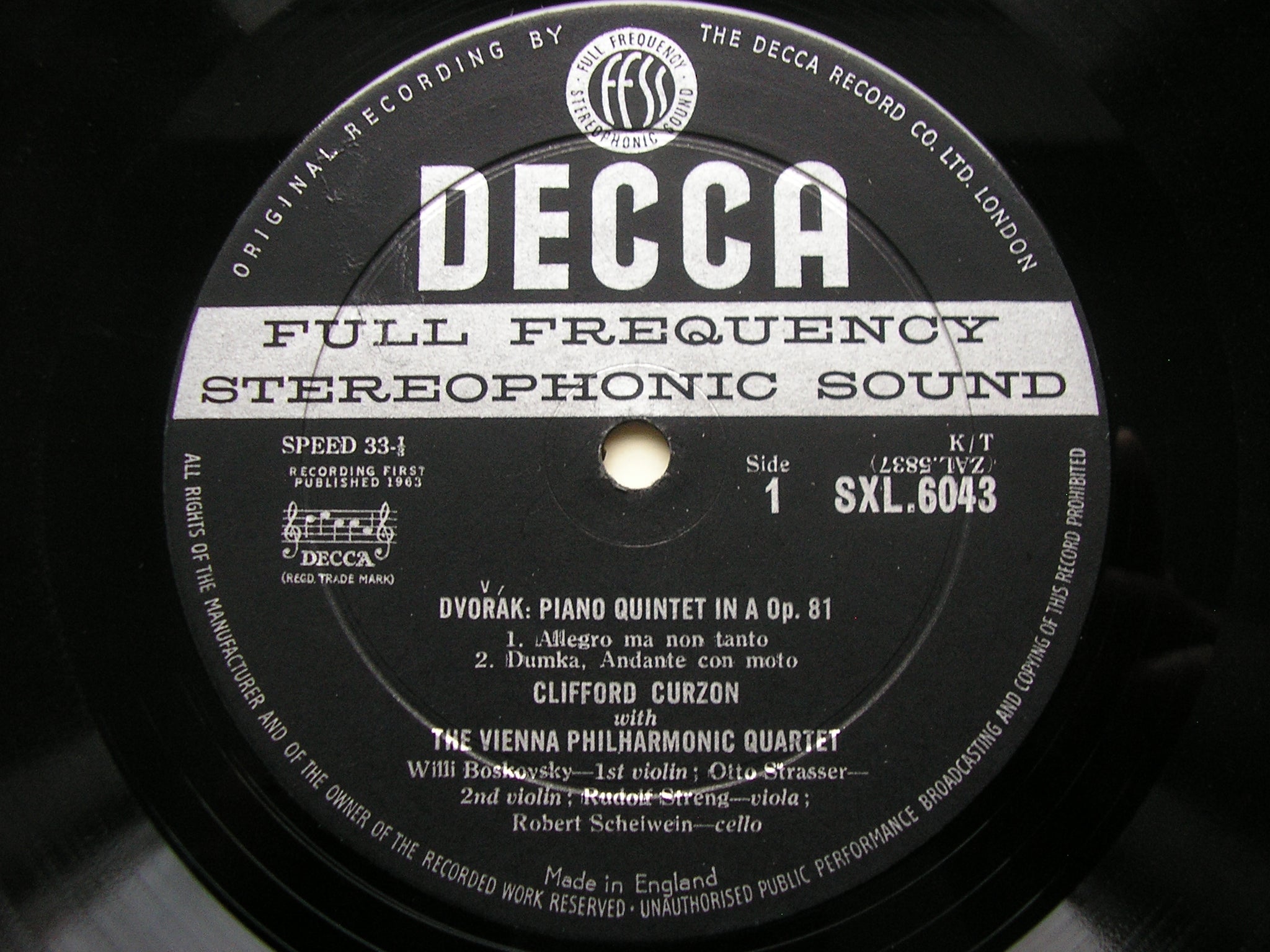 SXL 6043 DVORAK: PIANO QUINTET Op. 81 CURZON / VIENNA PHILHARMONIC QUARTET