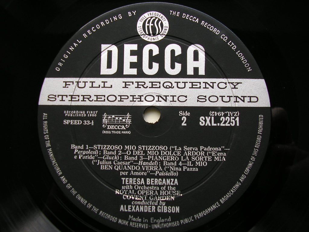 SXL 2251 TERESA BERGANZA SINGS 18th CENTURY ARIAS: GLUCK / CHERUBINI / PERGOLESI / HANDEL / PAISIELLO OROHCG / ALEXANDER GIBSON