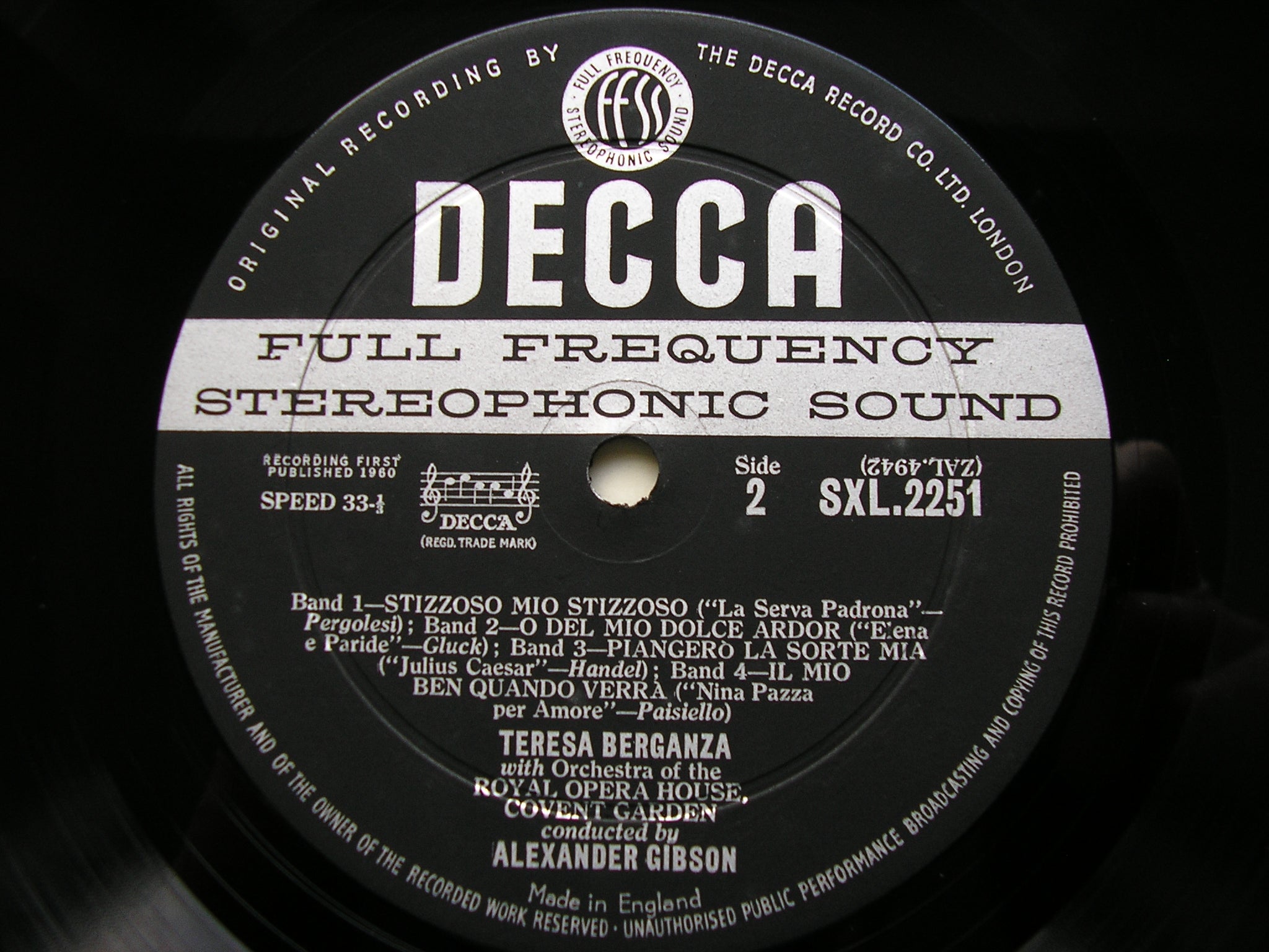 SXL 2251 TERESA BERGANZA SINGS 18th CENTURY ARIAS: GLUCK / CHERUBINI / PERGOLESI / HANDEL / PAISIELLO OROHCG / ALEXANDER GIBSON