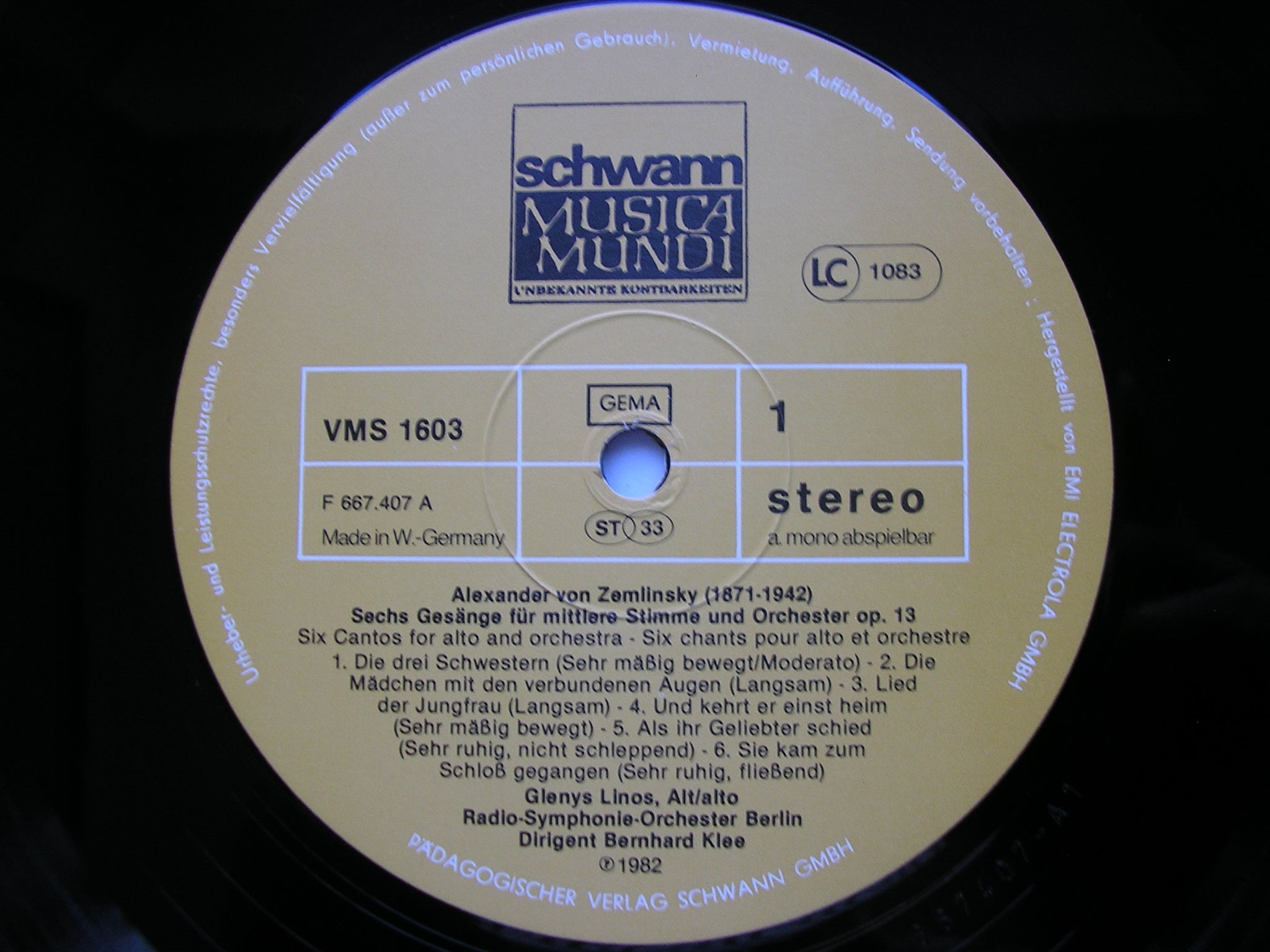 ZEMLINSKY: SIX SONGS / SINFONIETTA      LINOS / BERLIN RADIO ORCHESTRA / KLEE     VMS 1603 F
