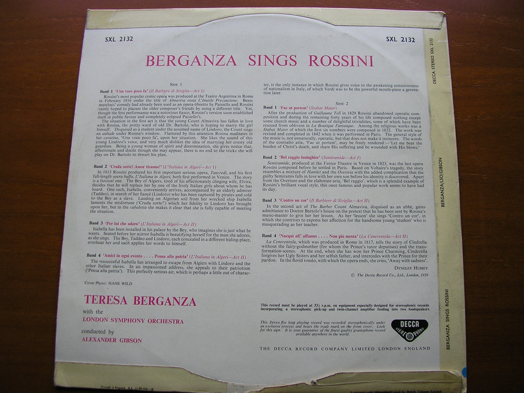 SXL 2132 TERESA BERGANZA SINGS ROSSINI LONDON SYMPHONY ORCHESTRA / ALEXANDER GIBSON