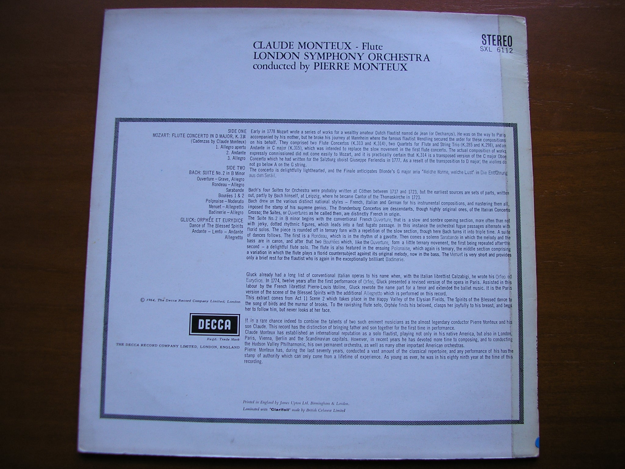 SXL 6112  MOZART: FLUTE CONCERTO K314 / BACH: SUITE No. 2 / GLUCK: DANCE OF THE BLESSED SPIRITS     MONTEUX / LSO / MONTEUX     ED1