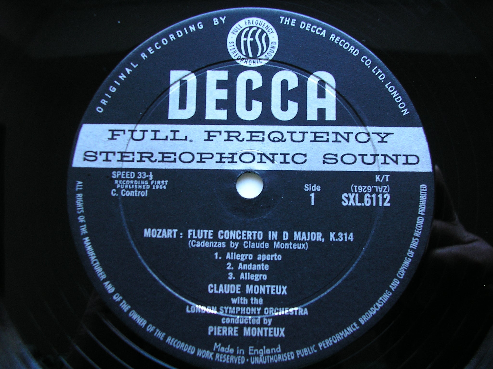 SXL 6112  MOZART: FLUTE CONCERTO K314 / BACH: SUITE No. 2 / GLUCK: DANCE OF THE BLESSED SPIRITS     MONTEUX / LSO / MONTEUX     ED1