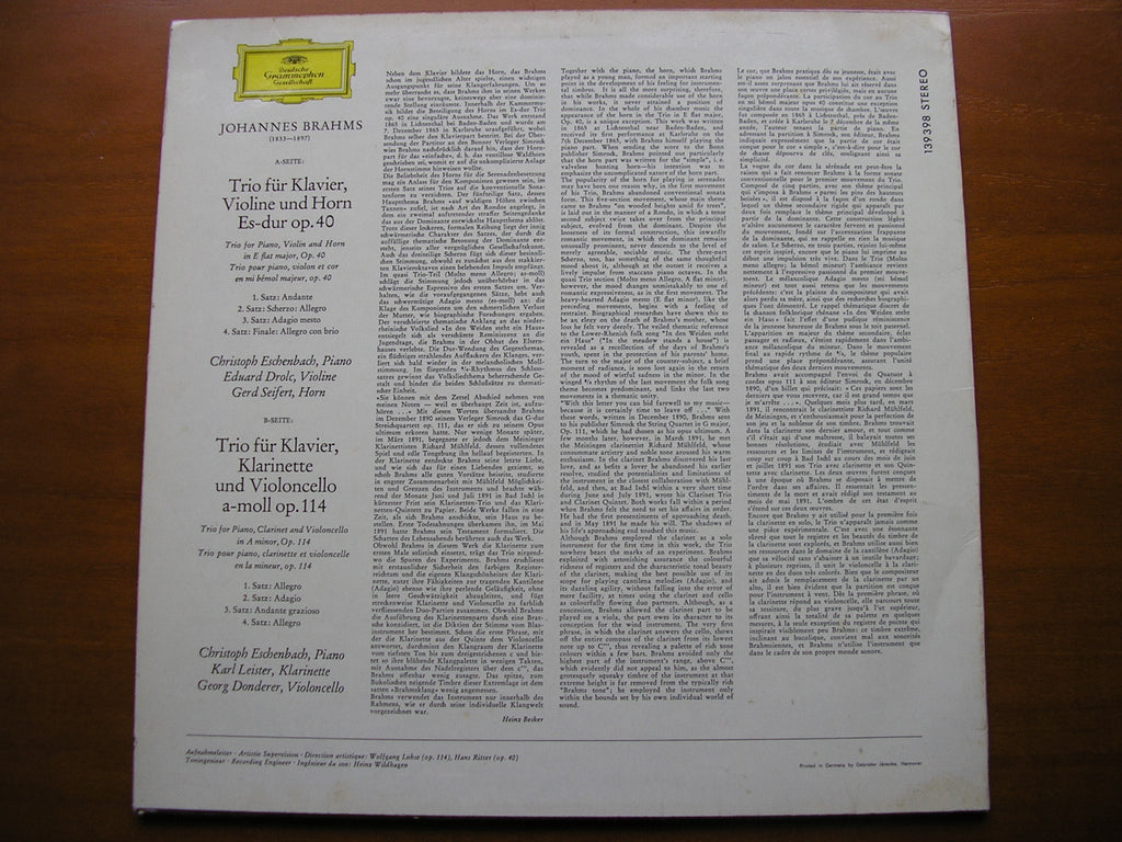 BRAHMS: HORN TRIO / CLARINET TRIO    ESCHENBACH / SEIFERT / LEISTER / DROLC / DONDERER     139398