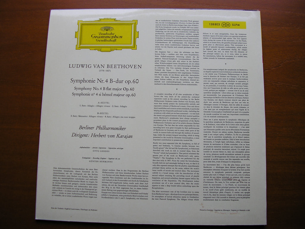 BEETHOVEN: SYMPHONY No. 4   KARAJAN / BERLIN PHILHARMONIC  138 803