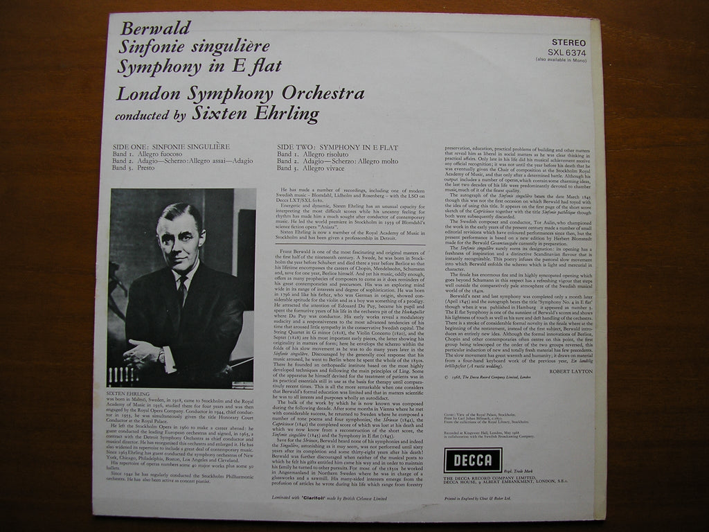 SXL 6374  BERWALD: SINFONIE SINGULIERE / SYMPHONY in E      EHRLING / LONDON SYMPHONY   ED