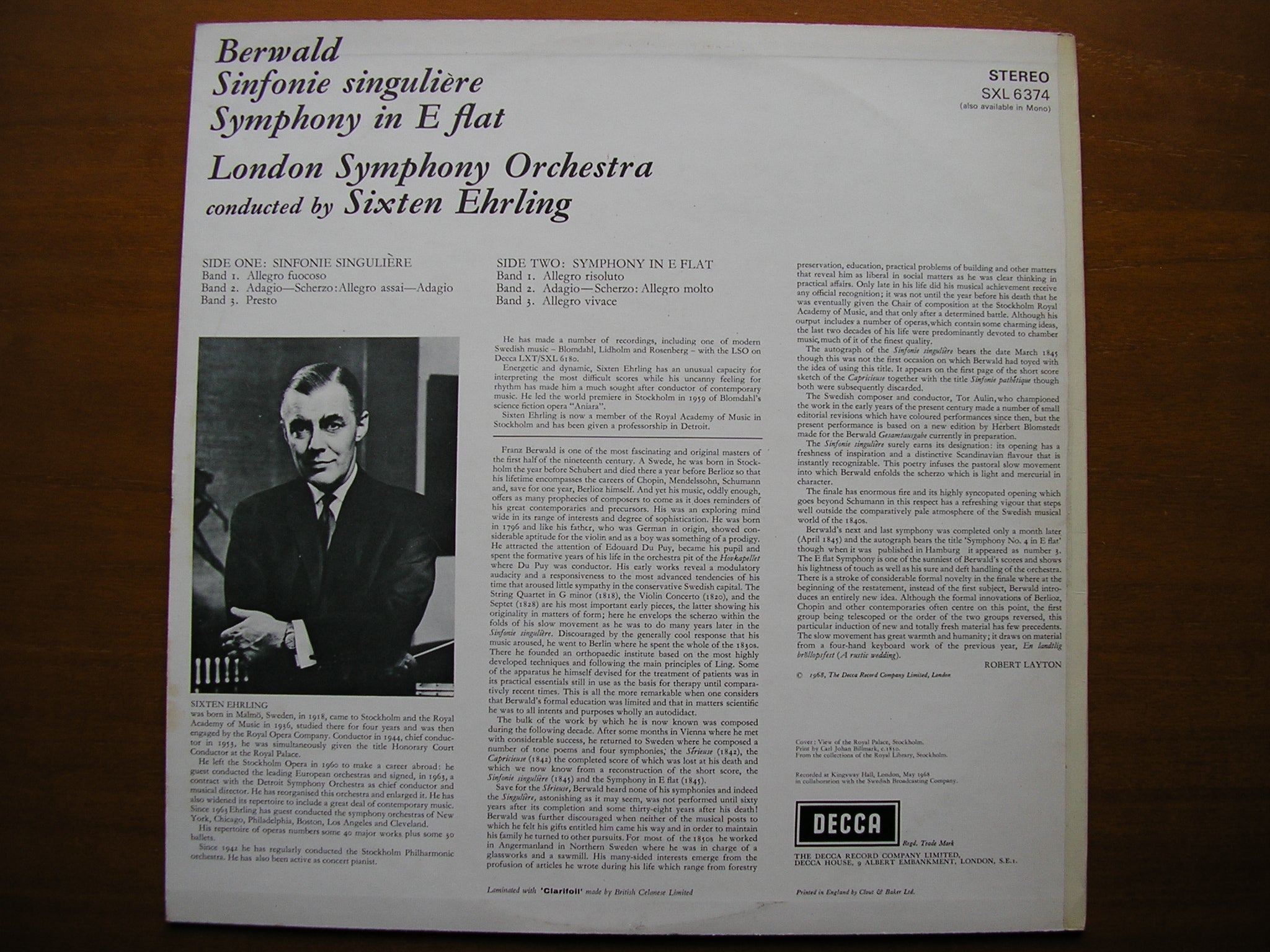 SXL 6374  BERWALD: SINFONIE SINGULIERE / SYMPHONY in E      EHRLING / LONDON SYMPHONY   ED