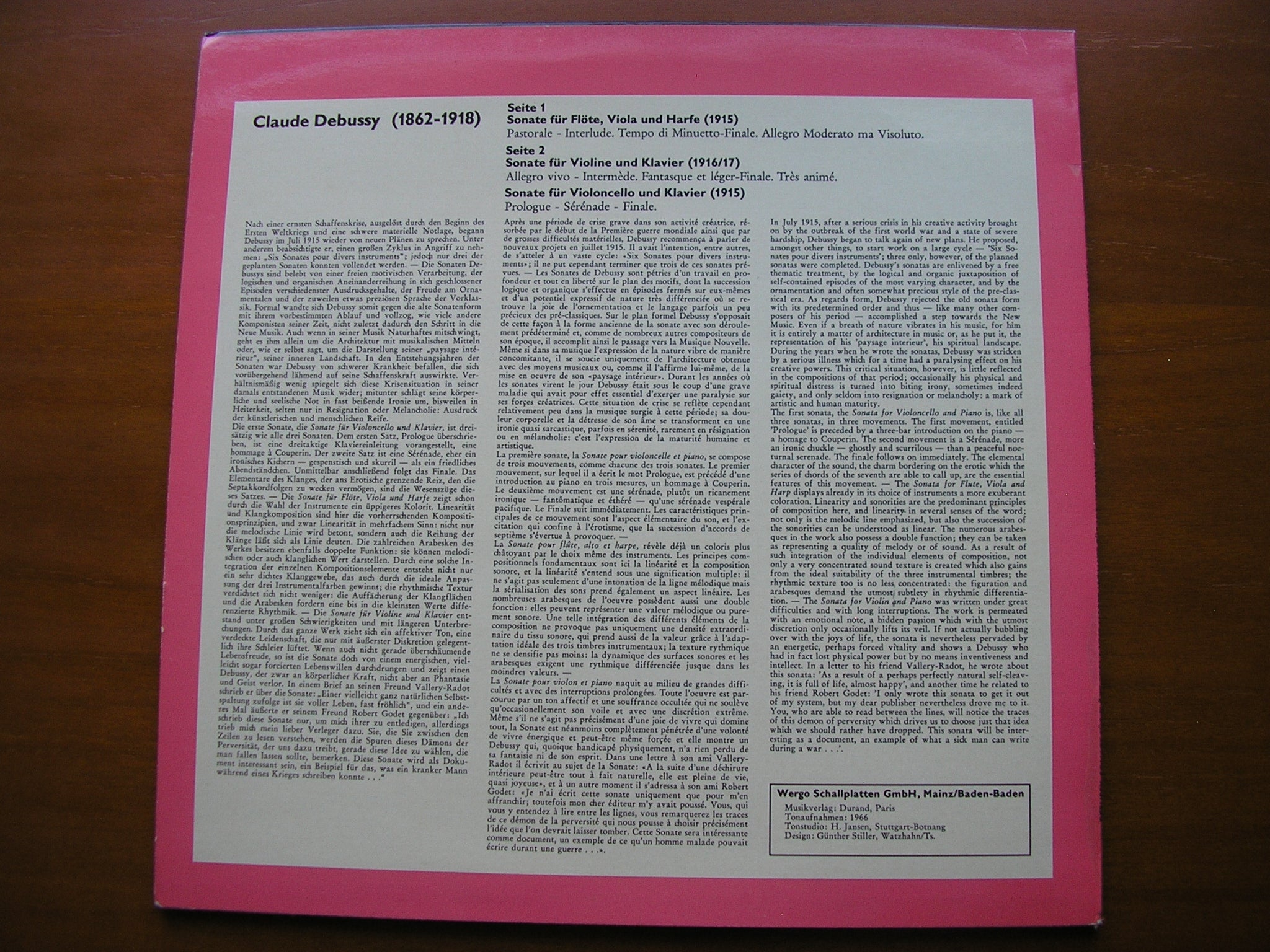 DEBUSSY: THREE SONATAS    NICOLET / PALM / HOLLIGER / GAVRILOV / BERGMANN / KOCH      WER 60 025