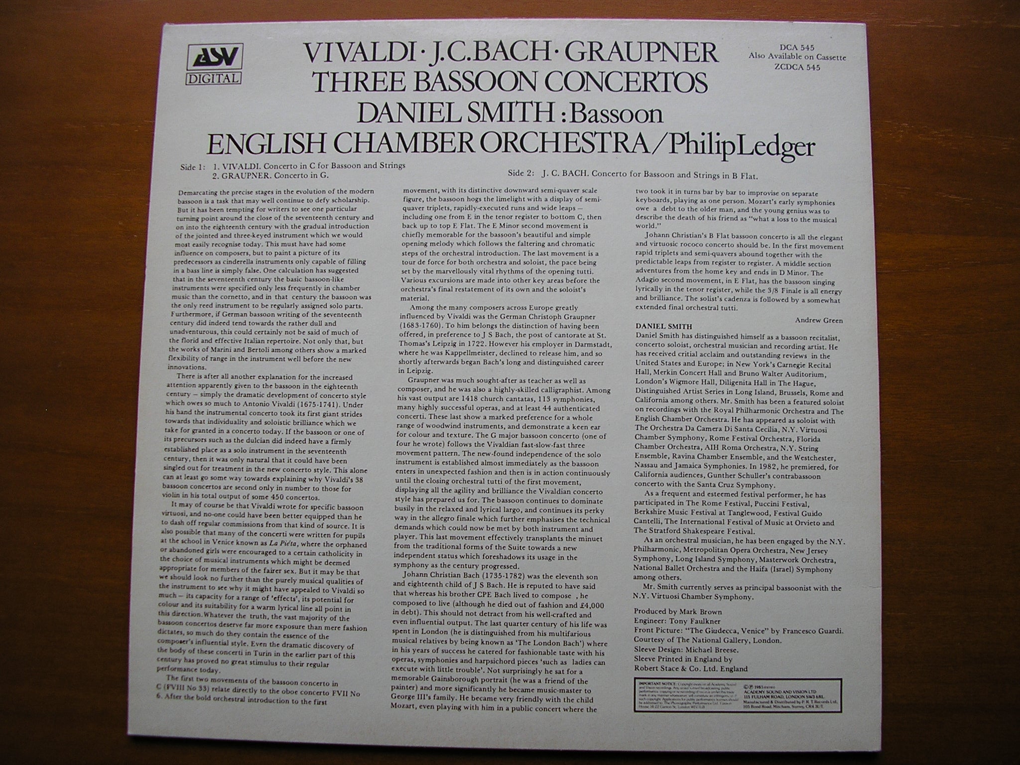 THREE BASSOON CONCERTOS: GRAUPNER / VIVALDI / JC BACH      SMITH / ENGLISH CHAMBER ORCHESTRA / LEDGER      DCA 545
