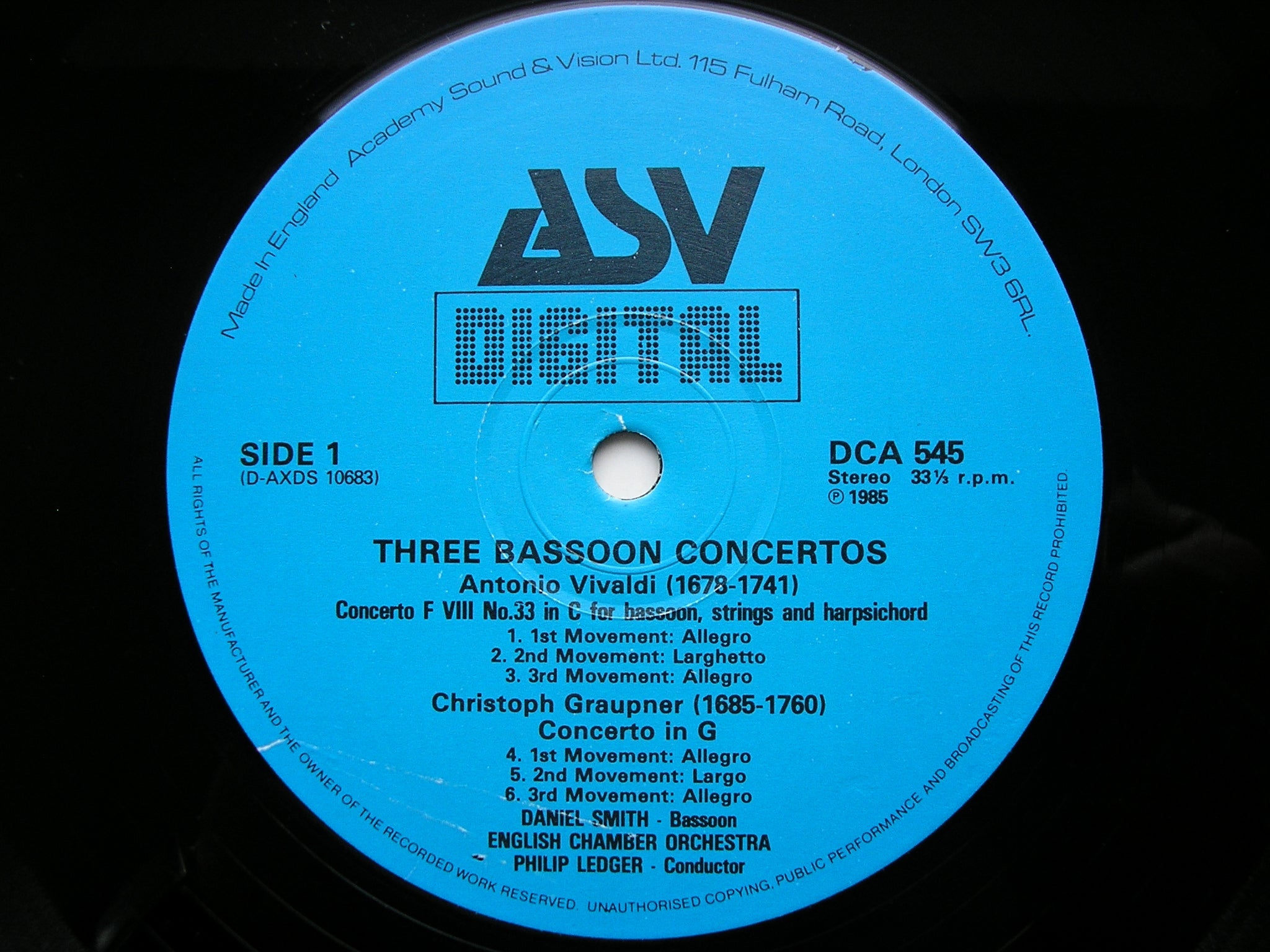 THREE BASSOON CONCERTOS: GRAUPNER / VIVALDI / JC BACH      SMITH / ENGLISH CHAMBER ORCHESTRA / LEDGER      DCA 545