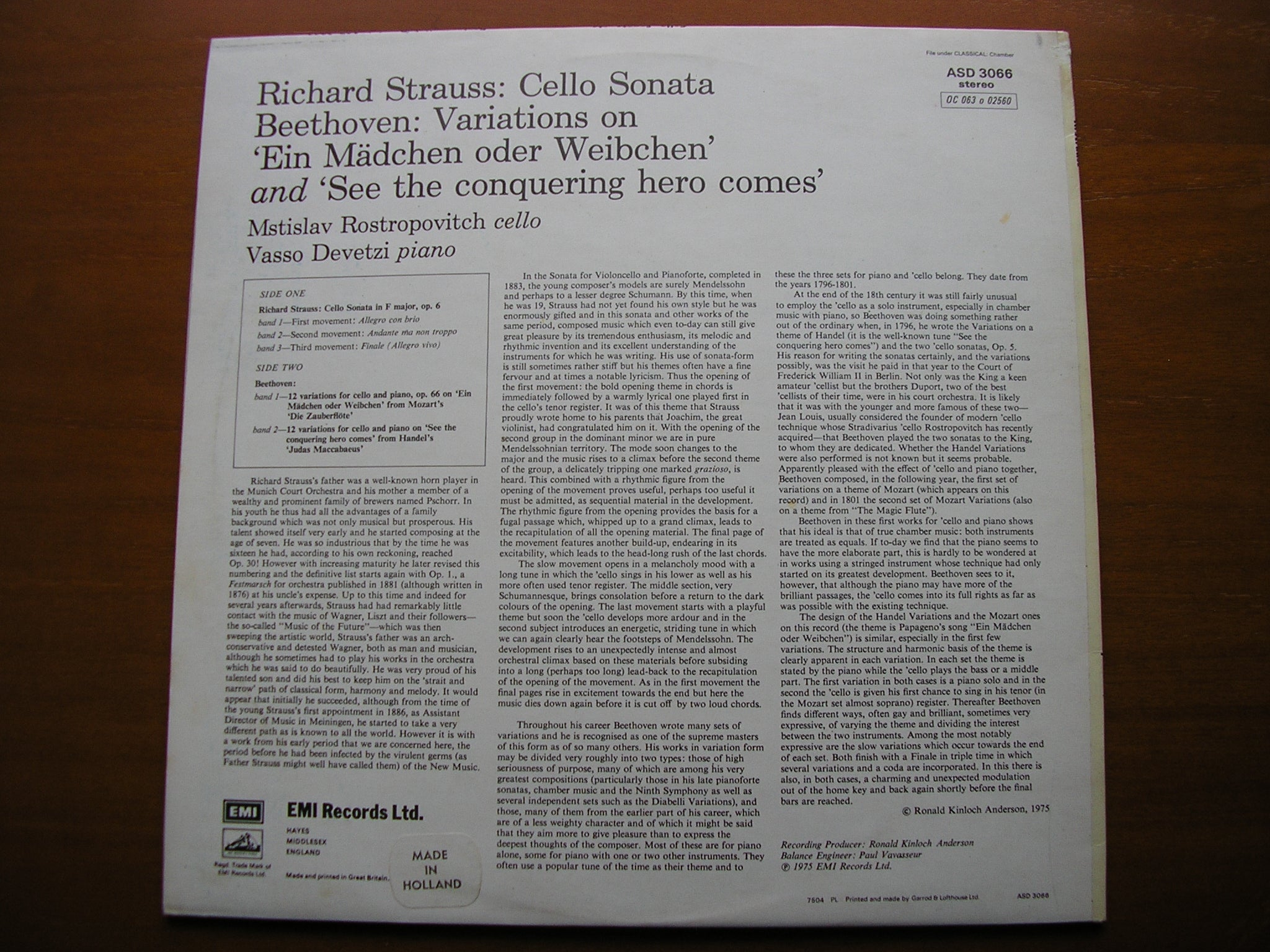 STRAUSS: CELLO SONATA / BEETHOVEN: VARIATIONS     ROSTROPOVICH / DEVETZI     ASD 3066