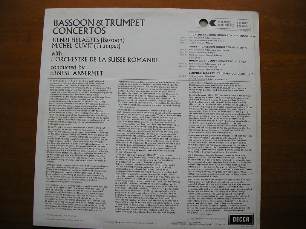 SXL 6375  BASSOON & TRUMPET CONCERTOS: VIVALDI / HUMMEL / WEBER / LEOPOLD MOZART      ANSERMET / SUISSE ROMANDE   ED3