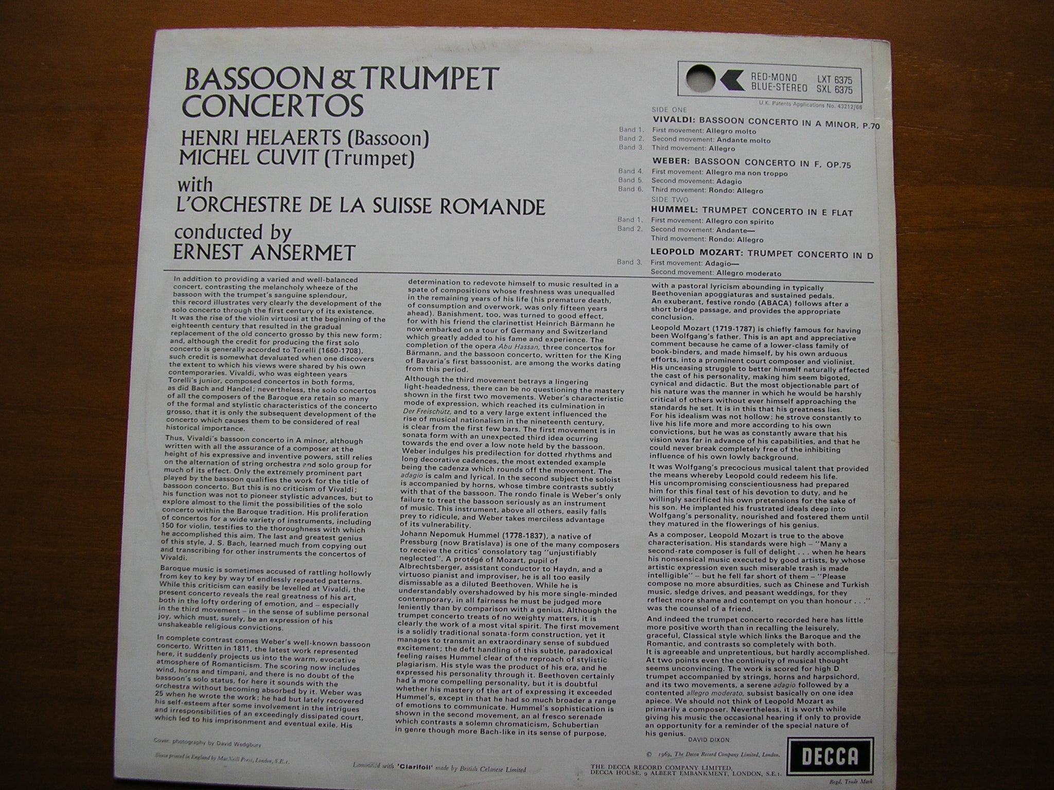 SXL 6375  BASSOON & TRUMPET CONCERTOS: VIVALDI / HUMMEL / WEBER / LEOPOLD MOZART      ANSERMET / SUISSE ROMANDE   ED3