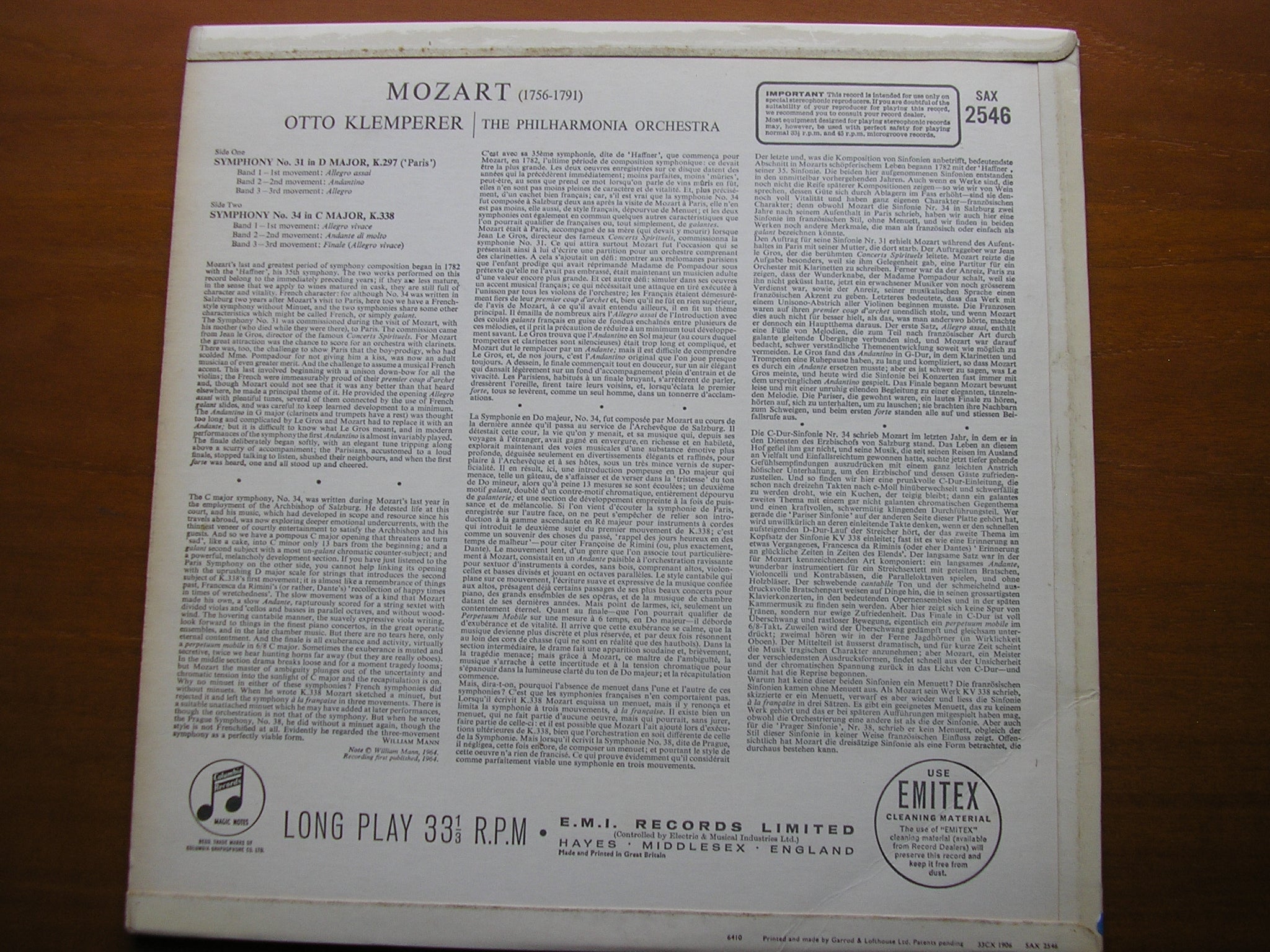 MOZART: SYMPHONIES Nos. 31 & 34     KLEMPERER / PHILHARMONIA ORCHESTRA   SAX 2546