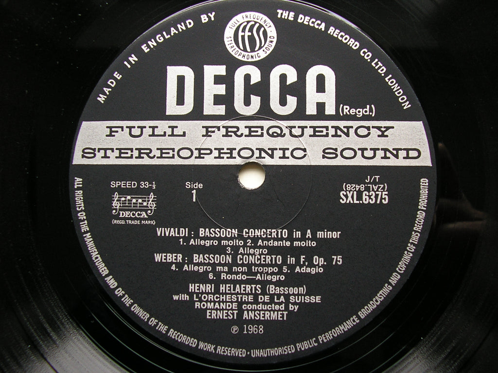 SXL 6375  BASSOON & TRUMPET CONCERTOS: VIVALDI / HUMMEL / WEBER / LEOPOLD MOZART      ANSERMET / SUISSE ROMANDE   ED3