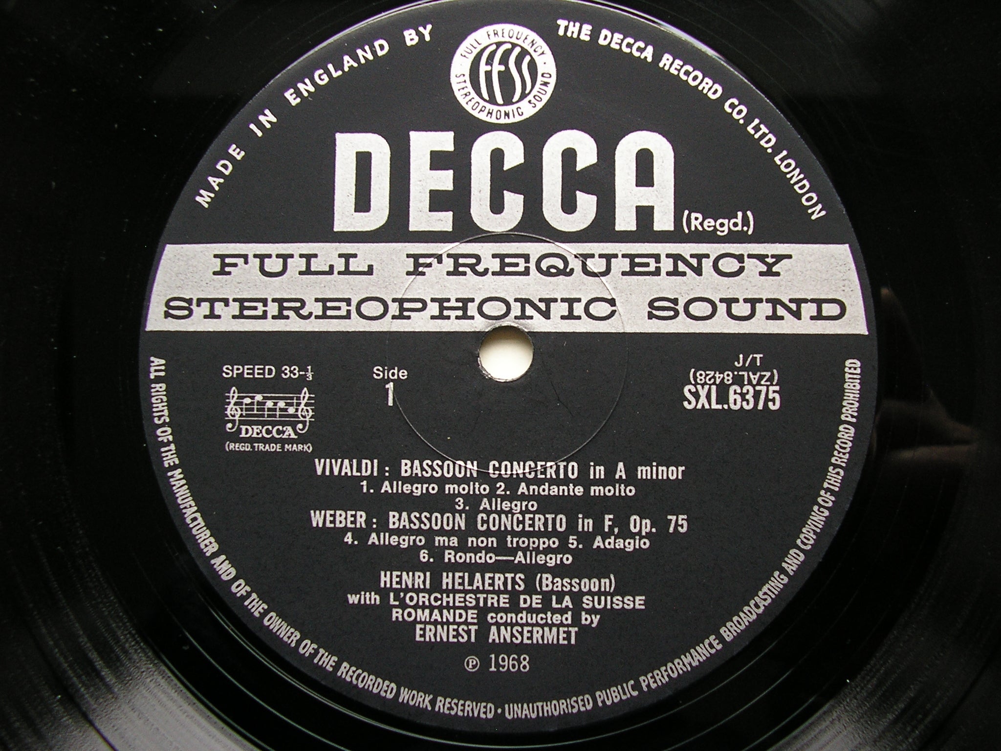 SXL 6375  BASSOON & TRUMPET CONCERTOS: VIVALDI / HUMMEL / WEBER / LEOPOLD MOZART      ANSERMET / SUISSE ROMANDE   ED3