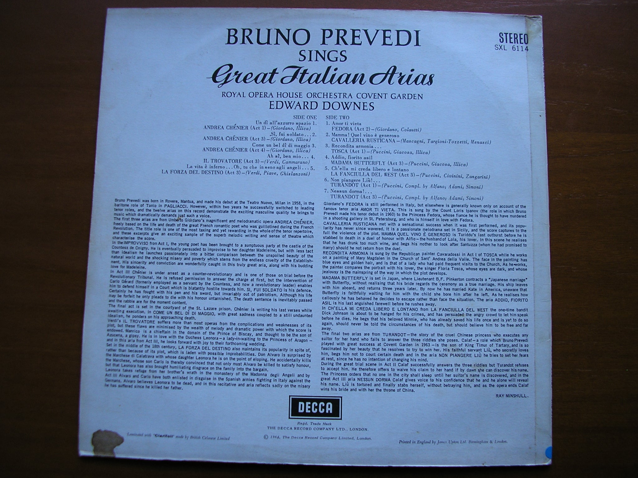 SXL 6114  BRUNO PREVEDI SINGS ITALIAN ARIAS       COVENT GARDEN ORCHESTRA / DOWNES      ED1