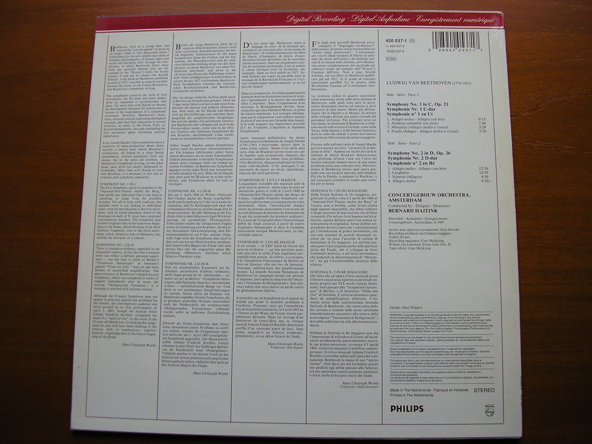 BEETHOVEN: SYMPHONIES Nos. 1 & 2   HAITINK / CONCERTGEBOUW AMSTERDAM   420 537