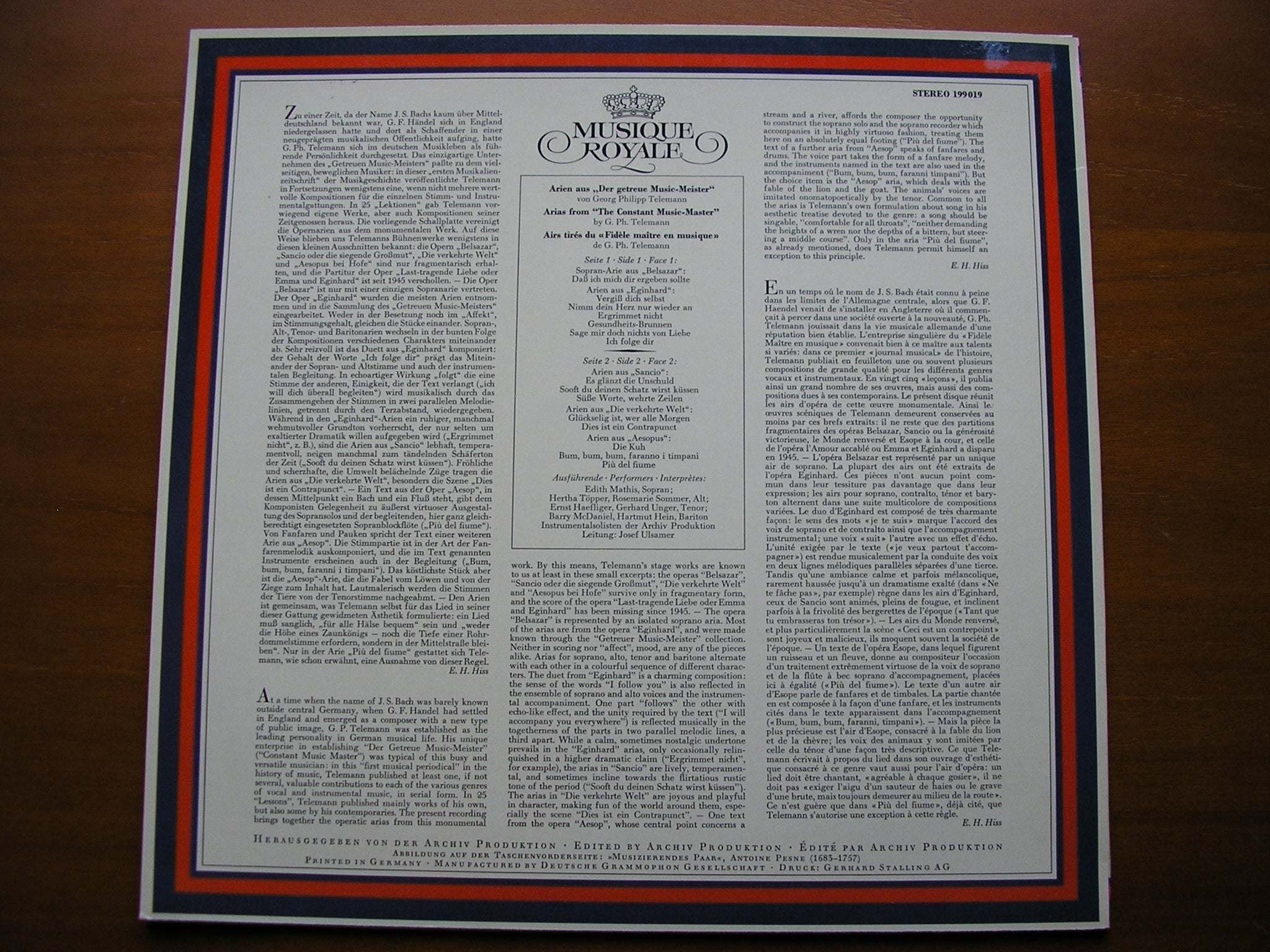 TELEMANN: ARIAS from 'The Constant Music Master'      MATHIS / HOPPER / HAEFLIGER / McDANIEL / ULSAMER     199019
