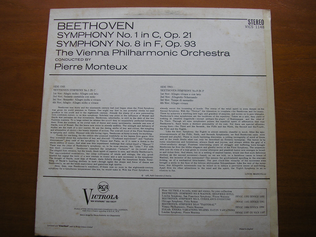 BEETHOVEN: SYMPHONIES Nos. 1 & 8     MONTEUX / VIENNA PHILHARMONIC   VICS 1148