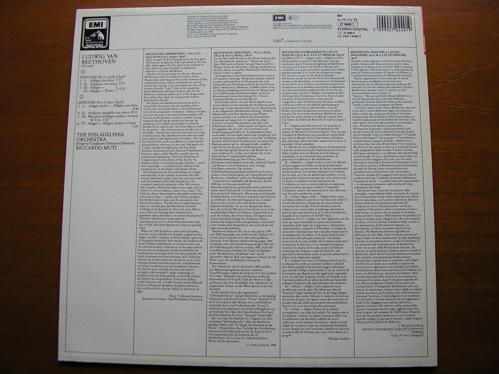 BEETHOVEN: SYMPHONIES Nos. 1 & 5    MUTI / PHILHADELPHIA ORCHESTRA   27 0449