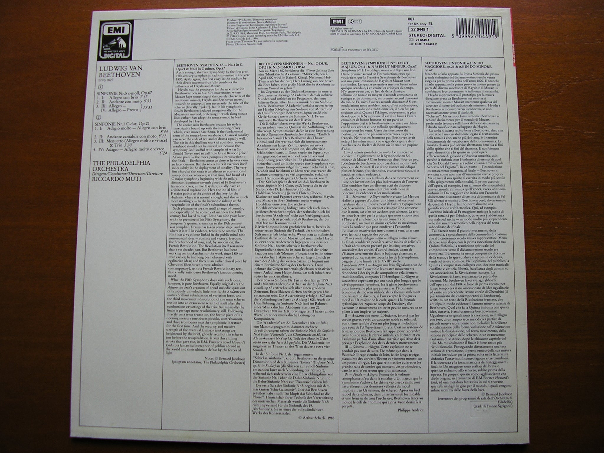 BEETHOVEN: SYMPHONIES Nos. 1 & 5    MUTI / PHILHADELPHIA ORCHESTRA   27 0449