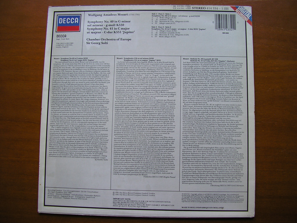 MOZART: SYMPHONIES Nos. 40 & 41 'Jupiter'      SOLTI / CHAMBER ORCHESTRA OF EUROPE     414 334