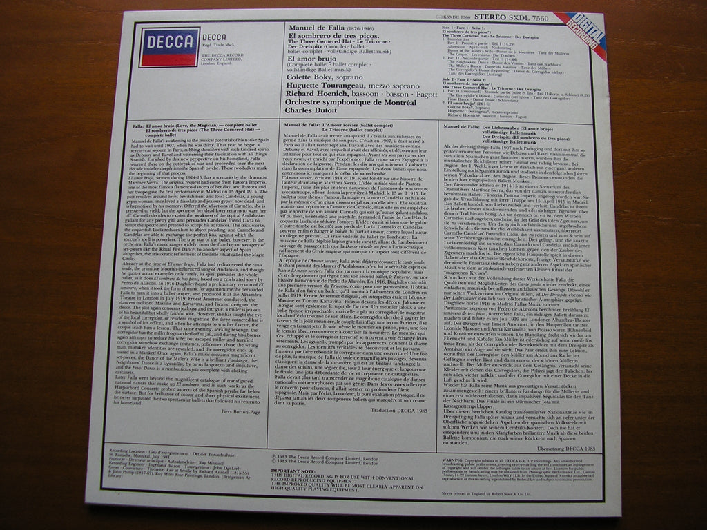 FALLA: THE THREE CORNERED HAT / EL AMOR BRUJO    DUTOIT / MONTREAL SYMPHONY     SXDL 7560