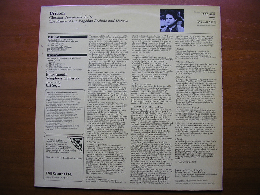 BRITTEN: GLORIANA Symphonic Suite / THE PRINCE OF THE PAGODAS Prelude & Dances    SEGAL / BOURNEMOUTH SYMPHONY   ASD 4073