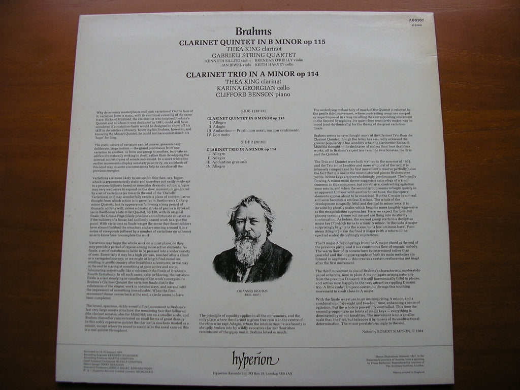 BRAHMS: CLARINET TRIO / CLARINET QUINTET     KING / GABRIELI QUARTET / GEORGIAN / BENSON     A66107