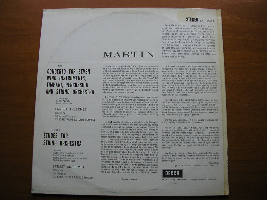 MARTIN: CONCERTO FOR 7 WINDS / ETUDES FOR STRINGS    ANSERMET / SUISSE ROMANDE     SXL 2311