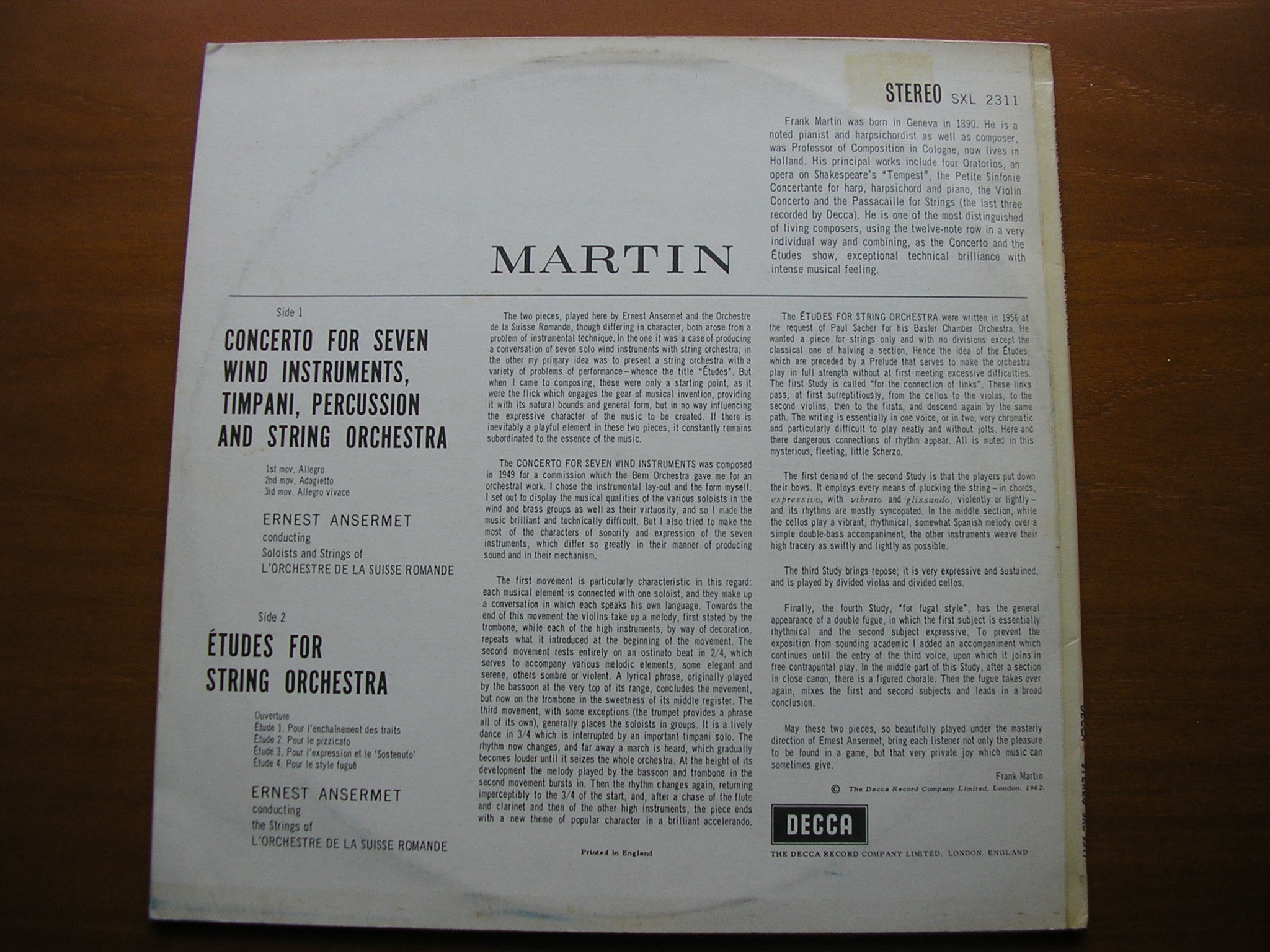 MARTIN: CONCERTO FOR 7 WINDS / ETUDES FOR STRINGS    ANSERMET / SUISSE ROMANDE     SXL 2311