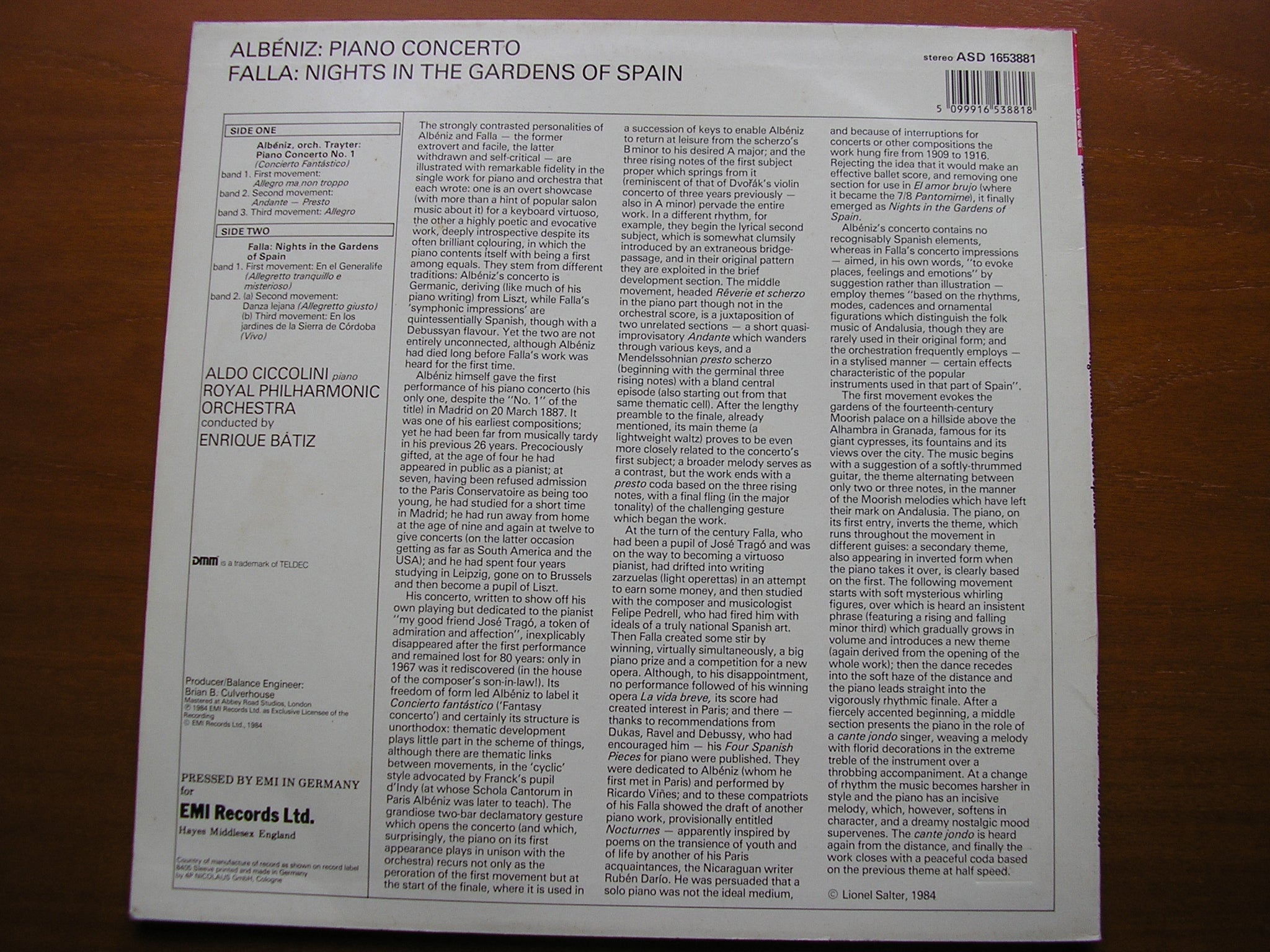 FALLA: NIGHTS IN THE GARDENS OF SPAIN / ALBENIZ: PIANO CONCERTO    CICCOLINI / ROYAL PHILHARMONIC / BATIZ     ASD 1653881