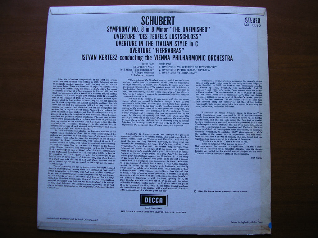 SXL 6090  SCHUBERT: SYMPHONY No. 8  'Unfinished' / Three OVERTURES       KERTESZ / VIENNA PHILHARMONIC     ED1