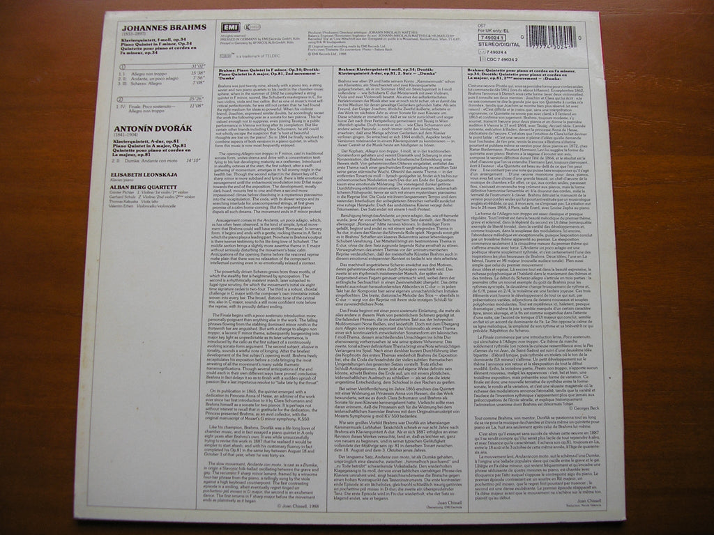 BRAHMS: PIANO QUINTET / DVORAK: Dumka from Piano Quintet     LEONSKAJA / ALBAN BERG QUARTET     749024
