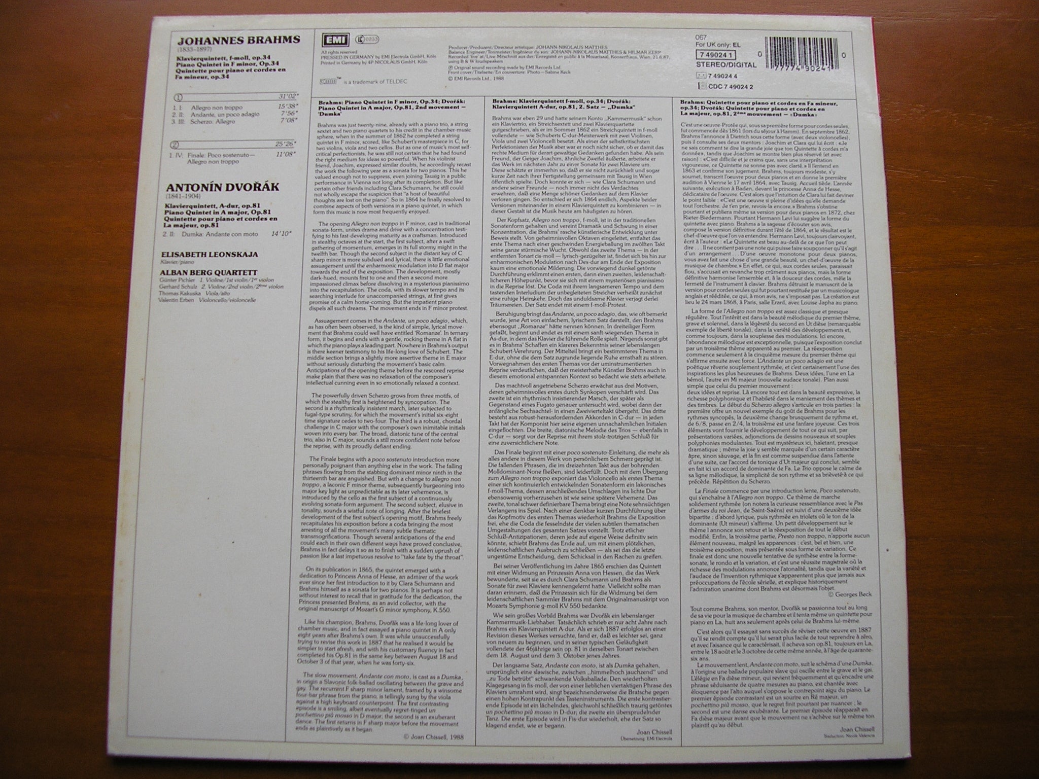 BRAHMS: PIANO QUINTET / DVORAK: Dumka from Piano Quintet     LEONSKAJA / ALBAN BERG QUARTET     749024