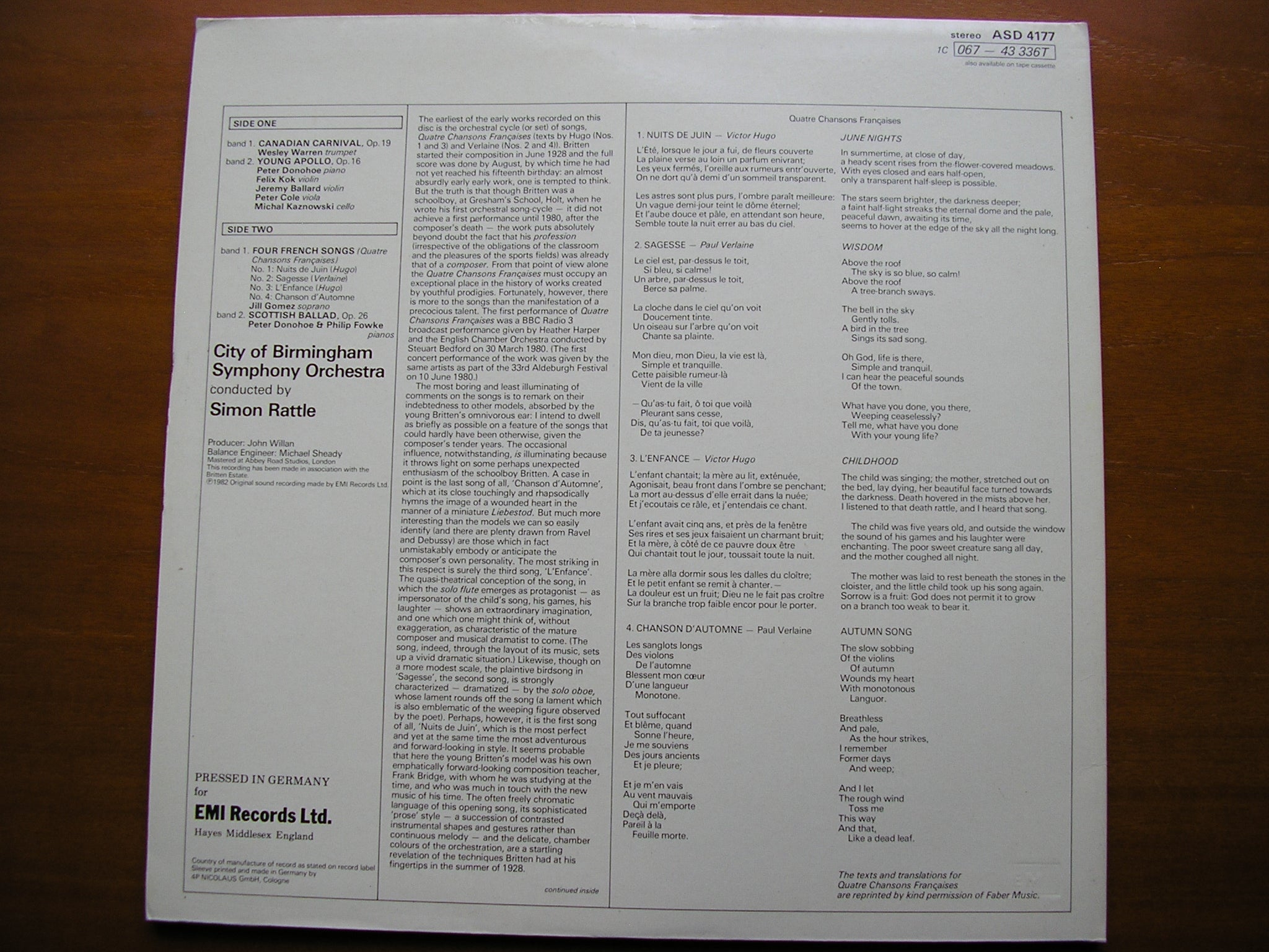 BRITTEN:  YOUNG APOLLO / CANADIAN CARNIVAL / FOUR FRENCH SONGS / SCOTTISH BALLAD     SOLOISTS / CBSO / RATTLE    ASD 4177