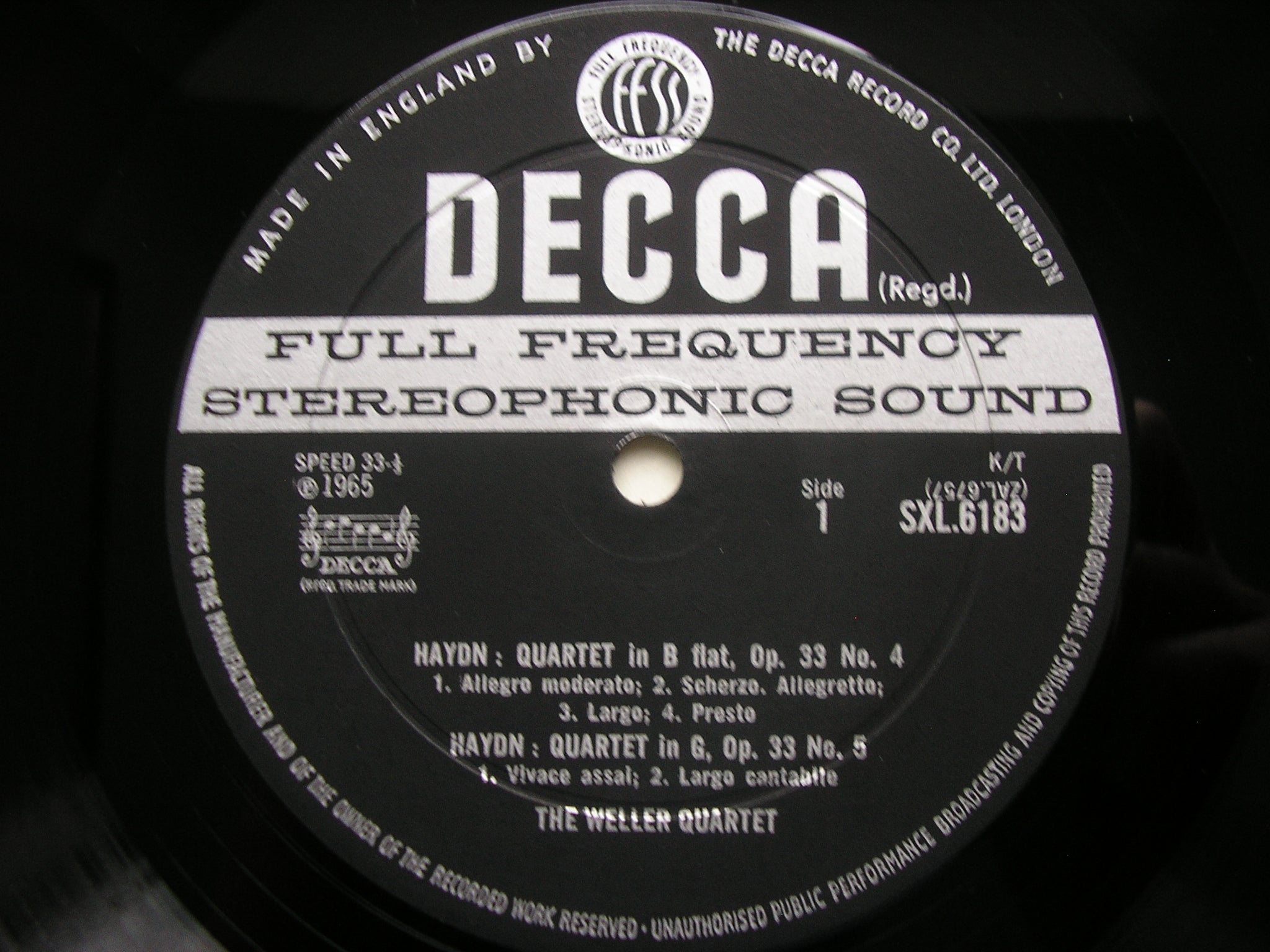 SXL 6183 HAYDN: STRING QUARTETS Nos. 4 / 5 / 6 Op.33 THE WELLER QUARTET