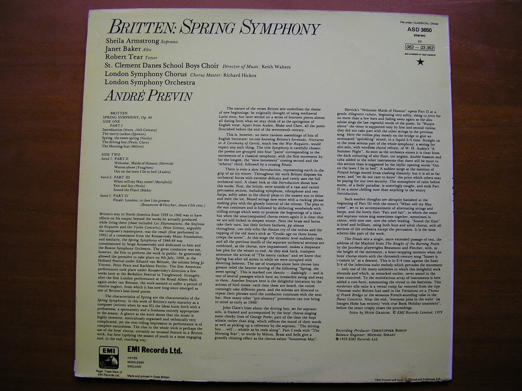 BRITTEN: SPRING SYMPHONY   SOLOISTS / LONDON SYMPHONY / PREVIN    ASD 3650