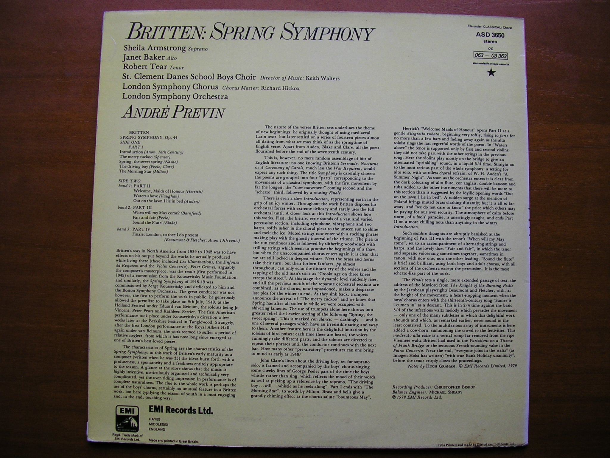 BRITTEN: SPRING SYMPHONY   SOLOISTS / LONDON SYMPHONY / PREVIN    ASD 3650
