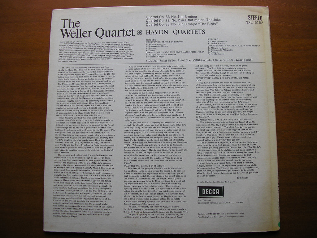SXL 6182 HAYDN: STRING QUARTETS Nos. 1 / 2 / 3 Op. 33 THE WELLER QUARTET