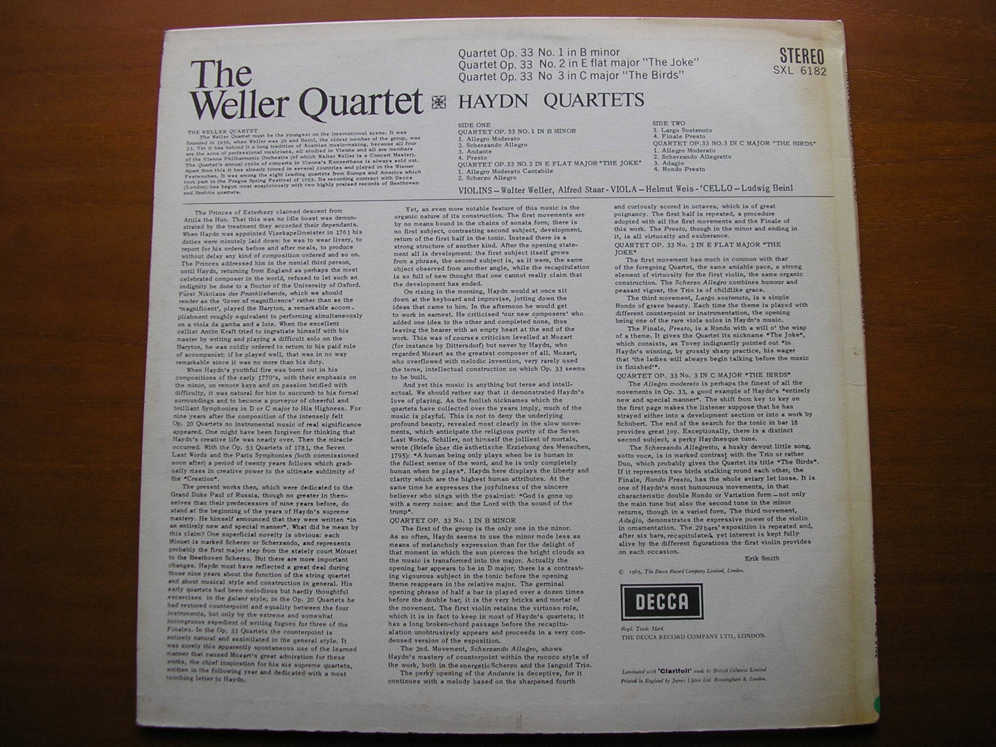 SXL 6182 HAYDN: STRING QUARTETS Nos. 1 / 2 / 3 Op. 33 THE WELLER QUARTET
