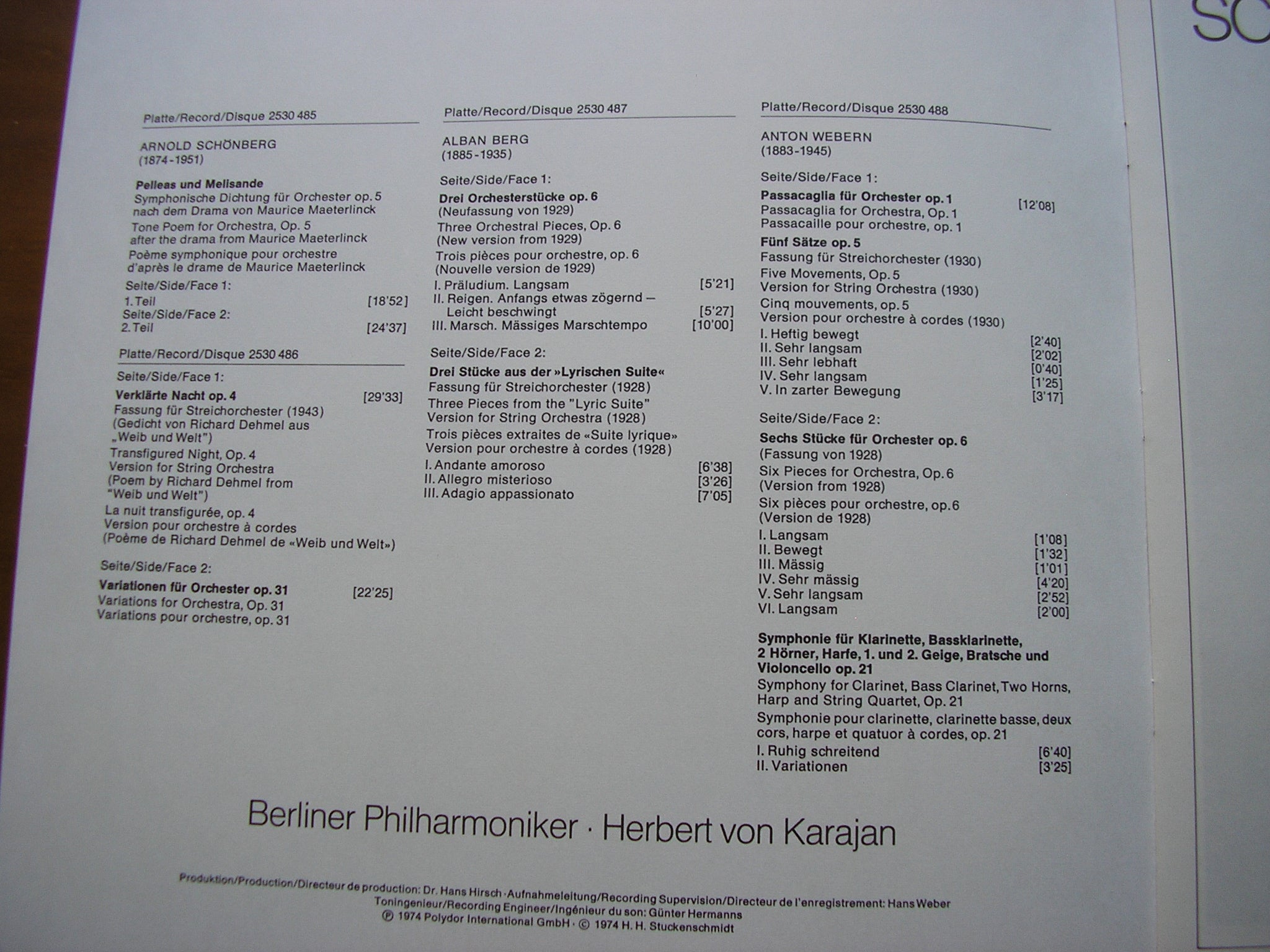 SCHOENBERG / WEBERN / BERG: ORCHESTRAL MUSIC      KARAJAN / BERLIN PHILHARMONIC ORCHESTRA    4LP     2711 014