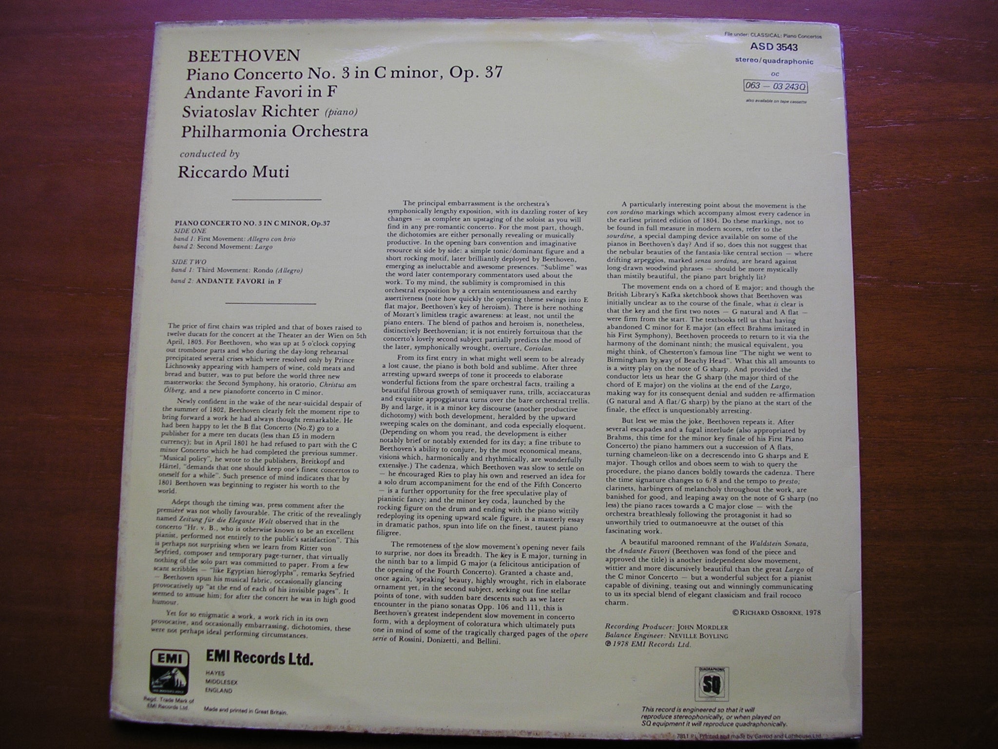 BEETHOVEN: PIANO CONCERTO No. 3 / ANDANTE FAVORI      RICHTER / PHILHARMONIA / MUTI     ASD 3543