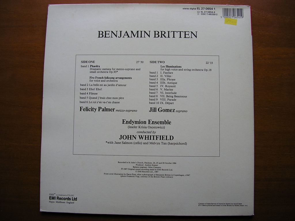 BRITTEN: PHAEDRA / LES ILLUMINATIONS / FRENCH FOLKSONG ARRANGEMENTS    SOLOISTS / ENDYMION ENSEMBLE / WHITFIELD      27 0654