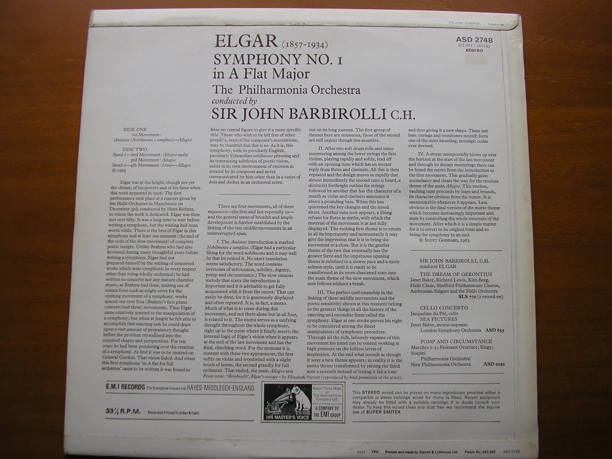 ELGAR: SYMPHONY No. 1      BARBIROLLI / PHILHARMONIA ORCHESTRA     ASD 2748