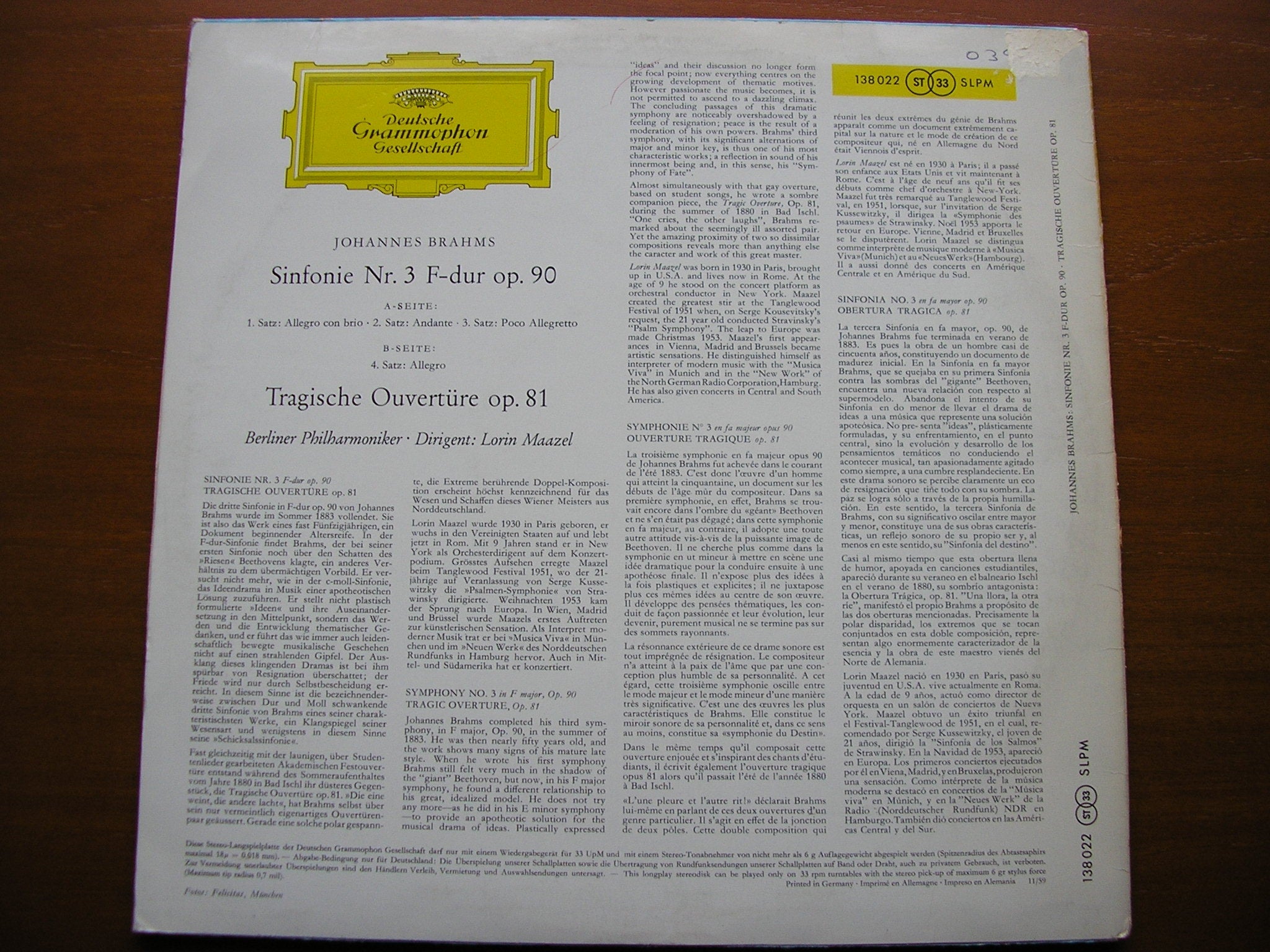 BRAHMS: SYMPHONY No. 3 / TRAGIC OVERTURE    MAAZEL / BERLIN PHILHARMONIC   138 022