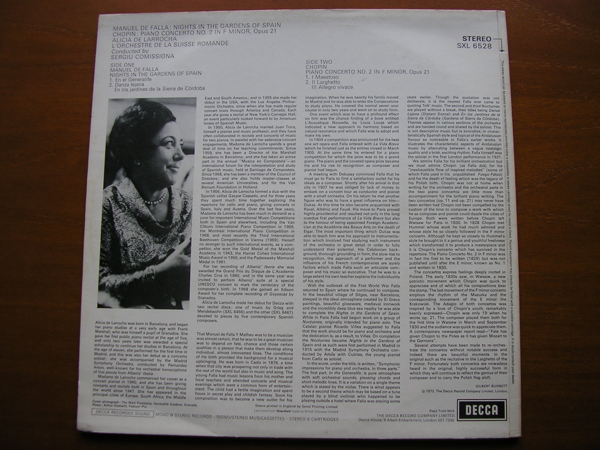SXL 6528 FALLA: NIGHTS IN THE GARDENS / CHOPIN: PIANO CONCERTO 2 DE LARROCHA / SRO / COMISSIONA