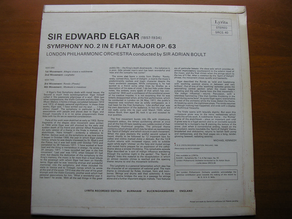 ELGAR: SYMPHONY No. 2      BOULT / LONDON PHILHARMONIC     SRCS 40